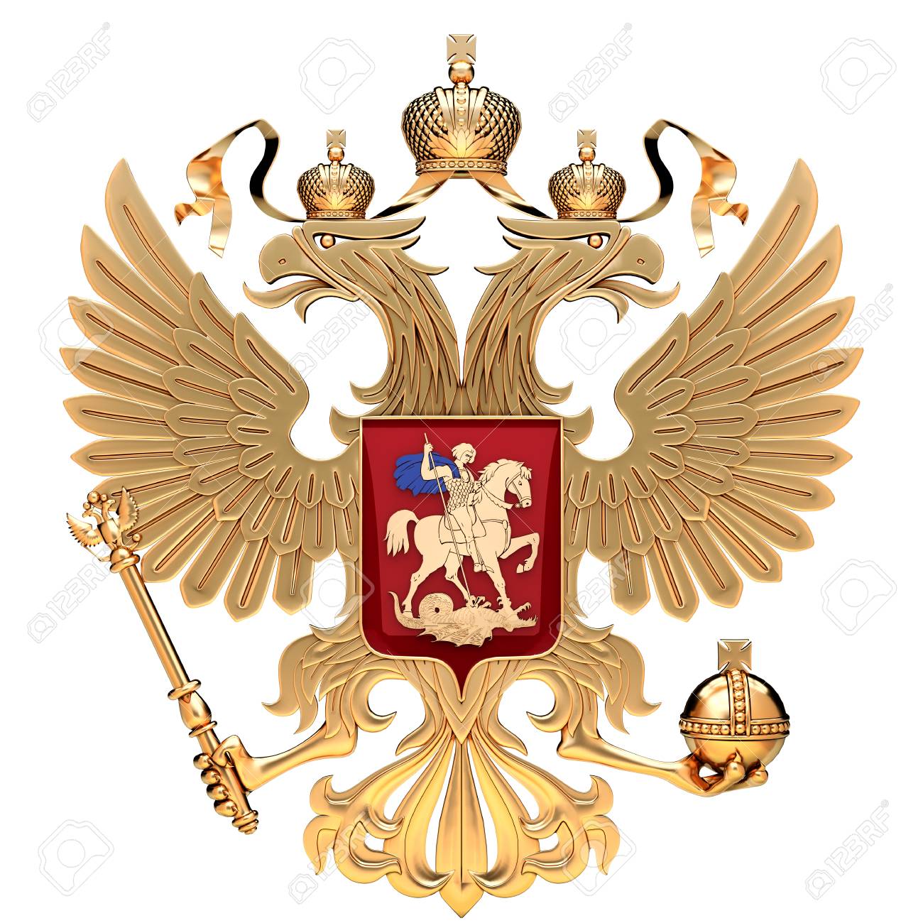 Armoiries de la Russie avec l'aigle à deux têtes. Symbole d'or de la Fédération de Russie. Illustration de rendu 3D isolée sur fond blanc. 2024-05-24